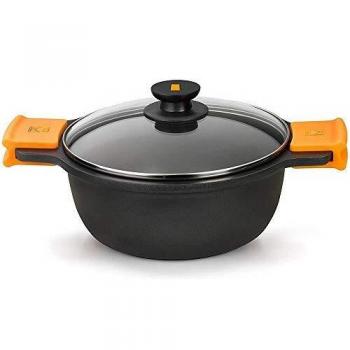 Cacerola Alta BRA Efficient de 28cm, Aluminio Fundido, con Tapa de Cristal y Asas de Silicona Extraíbles, Apta para Inducción y Horno, Color Negro