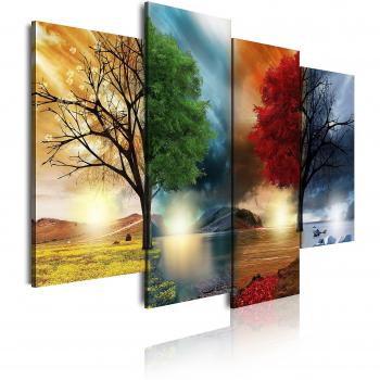 DekoArte 248 - Cuadros Modernos Impresión de Imagen Artística Digitalizada | Lienzo Decorativo Para Tu Salón o Dormitorio | Estilo Paisaje Cuatro Estaciones del año Árboles Rojo | 4 Piezas 120x85cm