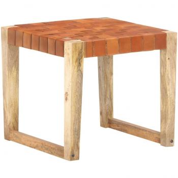 Taburete marrón en cuero genuino y madera maciza de mango
