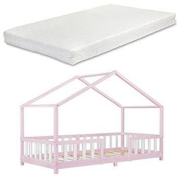 Cama para niños Treviolo forma de casa con colchón 90x200 cm - Rosa y Blanco