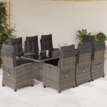 9-Piece Grey Poly Rattan Garden Dining Set with Cushions