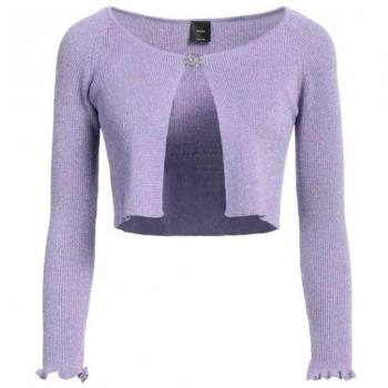 Pinko Ribbed Lurex Short Cardigan with Gathered Cuffs - Purple, Size XS