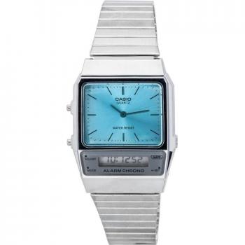 Casio Retro Vintage Unisex Analog-Digital Stainless Steel Watch - AQ-800EC-2A with Silver Gray Strap and Turquoise Dial