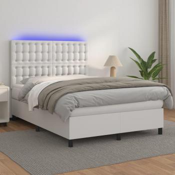 Cama box spring con colchón de muelles y LED, cuero sintético blanco, 140x200 cm