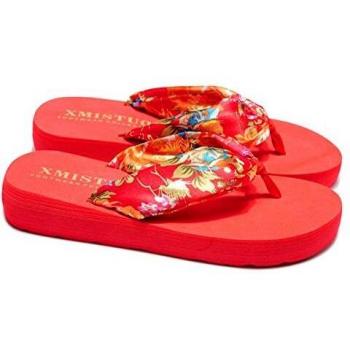 Sandalias Mujer Verano, Estilo Bohemio Cinta Seda Decorado, Zapatillas Antideslizantes de Playa, Rojo, 38 EU