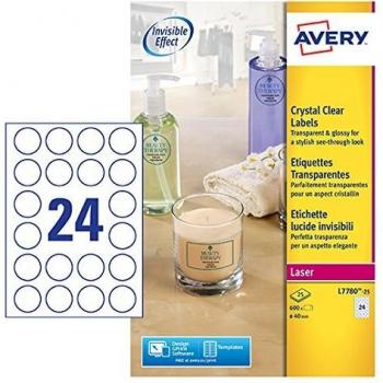 Avery L7780-25 - Pack de 25 folios de etiquetas brillantes, Diámetro 40 mm , Transparentes