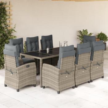 9-Piece Grey Poly Rattan Garden Dining Set with Cushions