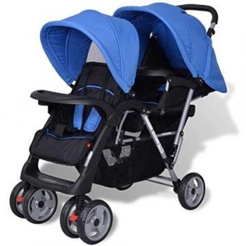 vidaXL Carrito Doble Tandem Acero y Tela Oxford Azul Negro Cochecito Mellizos