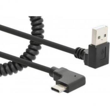 Cable USB-C a USB-A en espiral de 1m, negro, diseño antienredos, conectores angulados, ideal para carga rápida
