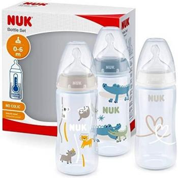 Set de 3 Biberones NUK First Choice+ 0-6 meses con Control de Temperatura, Anticolicos, 300 ml, Sin BPA, Tétina de Silicona Safari