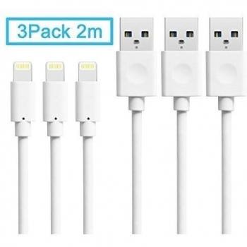 Quntis® iPhone Cable - [3Pack 2m] Cable de Conexión Blanco [Alta calidad], Cable Cargador & Sincronización con USB para dispositivos de iOS iPhone 7 Plus 6 6S Plus SE 5S 5C 5, iPad Mini 2 3 4, iPad Pro, iPad Air, iPod, Batería Extra