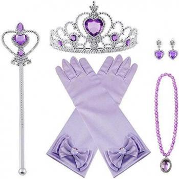 Vicloon Princesa Vestir Accesorios, 7 Pcs Violeta Elsa Princesa Accesorios de Disfraces, Regalo Conjunto de Belleza - Corona Anillo Sceptre Collar Pendientes Guantes para Niña