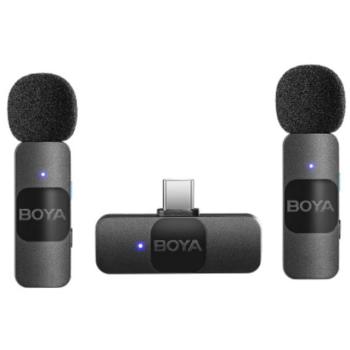Boya Micrófono Inalámbrico de Solapa BY-V20 V2.0 Dual Canal USB-C Omnidireccional con Cancelación de Ruido Transmisor Recargable