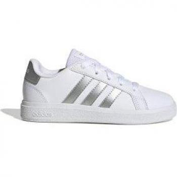Adidas Grand Court 2.0 Kids Lace-Up Sneakers, White/Silver, Size 37.5