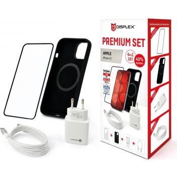 Set Premium 4 en 1 DISPLEX para Apple iPhone 15 - Cristal Templado Full Cover (10H), Funda, Cargador Rápido y Cable USB-C