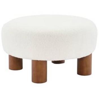 Taburete Puf de Madera de Hevea y Tela Borreguito, Blanco - SWEEEK Fujo