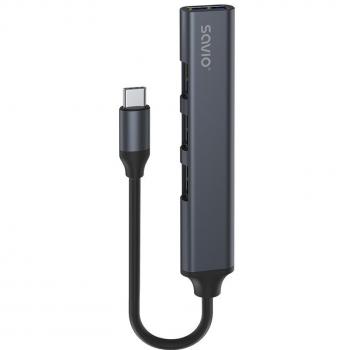 Hub USB-A 4 Puertos Savio AK-70 - 3 x USB-A 2.0, 1 x USB-A 3.0, Velocidad de hasta 5 Gbps, Aluminio