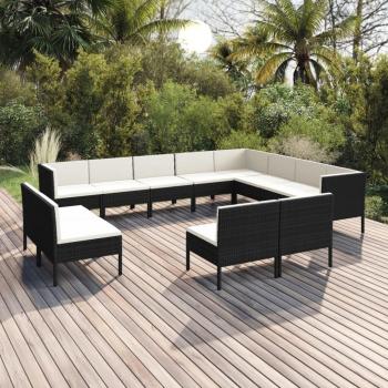 12-Piece Black Poly Rattan Garden Lounge Set with Cushions