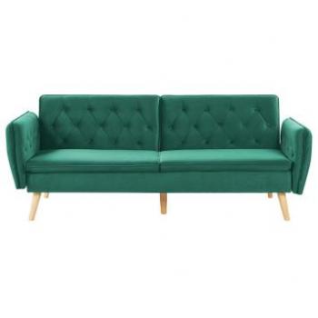 Sofá cama convertible de terciopelo verde oscuro con respaldo abotonado y estructura de madera clara, diseño moderno, 2 plazas