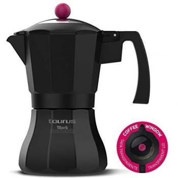 Taurus Black Moments 3 - Cafetera italiana, 3 tazas, base y filtro de acero inoxidable, válvula de seguridad, cierre de silicona para mayor seguridad, para todos los fuegos, tapa transparente, negro