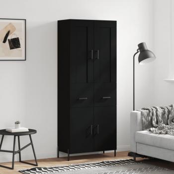 Aparador alto de madera contrachapada negro 69,5x34x180 cm con 2 puertas y 2 cajones, mueble de almacenaje para salón, buffet y armario auxiliar