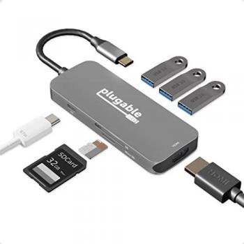 Plugable Technologies USB-C Hub 7-in-1 Driverless USB C Hub Compatible with Mac Windows Chromebook USB4 Thunderbolt 4 and More (4K HDMI 3 USB 3.0 SD & microSD Card Reader 100W Charging