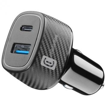 Cargador de coche CellularLine CBRUSB2PD48WK, 2 Puertos USB, Color Negro, Dual USB-A y USB-C