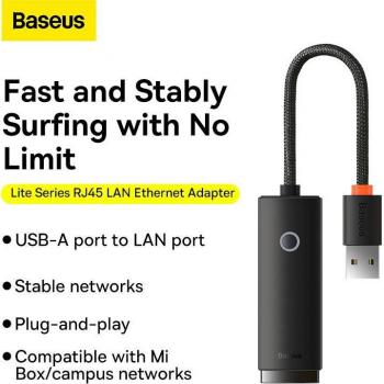 Baseus Adaptador de red Serie Lite USB a RJ45 WKQX000101 - negro, adaptador de red, conexión USB a RJ45, color negro