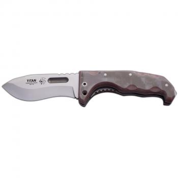 Navaja de Caza TITAN J&V con Mango Micarta Camo Desierto Pixel Ácido, Hoja de 10.5 cm y Funda de Cordura Sencilla, Herramienta de Camping para Pesca y