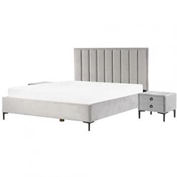 Conjunto de dormitorio tapizado en terciopelo gris claro con cama super king size 180 x 200 cm y 2 mesitas de noche con almacenamiento Sezanne