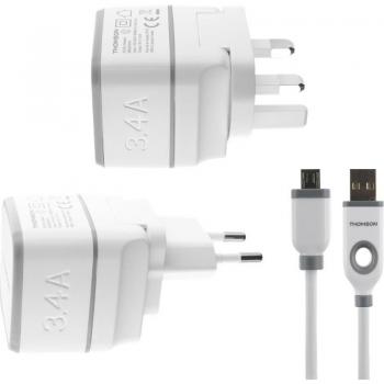 Cargador de viaje Thomson blanco con cable USB/micro USB