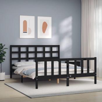 Estructura de cama de matrimonio con cabecero de madera maciza en color negro vidaXL