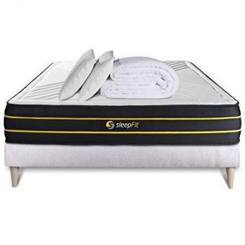 Pack Dormir Ultra 160x200 - Colchón de Muelles y Espuma Viscoelástica + Somier Blanco + 2 Almohadas de Memoria 60x40cm + Edredón Percale 260x240