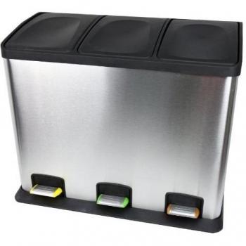 Papelera de reciclaje Zyon, grande, de 36 litros, acabado satinado de acero inoxidable - 3 papeleras desmontables de 12 litros de capacidad y pedales de códigos de colores.