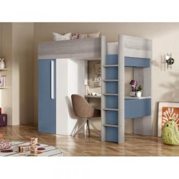 Cama alta 90 x 200 con armario y escritorio en azul y blanco + colchón - NICOLAS