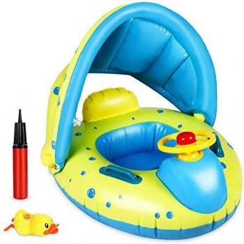 Flotador para Bebé, joylink Anillo de Natación con Toldo, Barco Flotador Divertido de Piscina y Playa, Hinchable Baby Swim Float Boat para Niños de 12 a 36 Meses