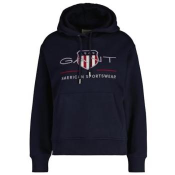 Gant - Sudadera de mujer con capucha Archive Shield, color azul noche, talla L, con bolsillos de parche