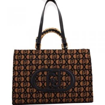 Liu Jo Women's Brown Leather Tote Handbag with Jacquard Pattern and Golden Details