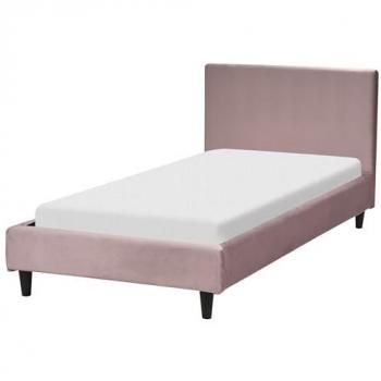 Cama Individual Tapizada en Terciopelo Rosa 90 x 200 cm con Marco de Listones y Cabecero Moderno Fitou