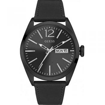 Guess Men's Quartz Watch with Black Dial Analogue Display and Black Leather Bracelet W0658G4