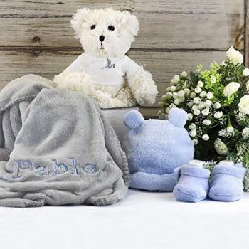 BebeDeParis | Regalos Personalizados para Bebés Recién Nacidos | Canastilla Bebé | Osito | Manta Bordada | Pequeño Conjunto | 3-6 Meses