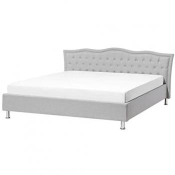 Cama Matrimonial Super King Size 180x200 cm de Tela Gris con Cabecero Acolchado, Botones de Cristal y Detalle de Tachuelas