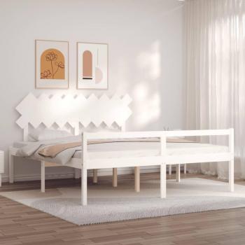 Cama de madera maciza de rey con cabecero blanco para ancianos