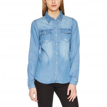Vila Women's Long Sleeve Blue Denim Button-Up Shirt with Front Pockets, Regular Fit, Size XL