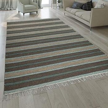 Alfombra Kilim Tejida A Mano Diseño De Rayas Gris con Flecos de Alta Calidad en Beige 80x150 cm
