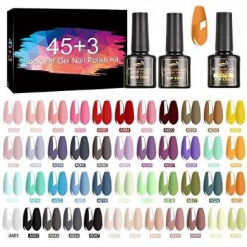 STINLAND 48 pcs de Esmalte Semipermanente, Pintauñas Semipermanentes Remojo con Base, Capa Superior Brillante y Mate, 45 Colores 8ML de Set Esmalte de Uñas Semipermanentes Para el diseño de las uñas