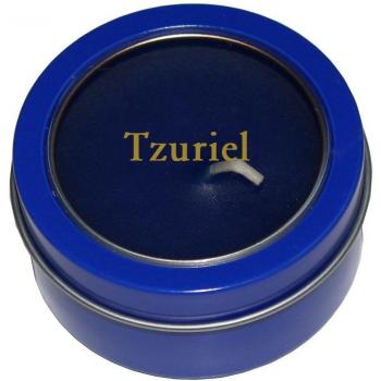 Candela en caja de metal con tapadera plástica con nombre grabado: Tzuriel