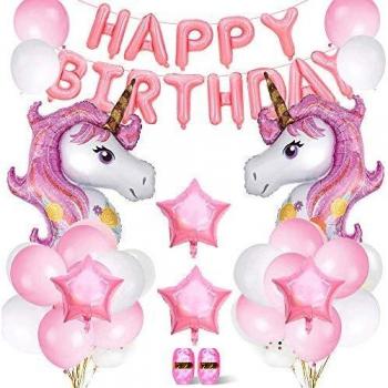 SPECOOL Unicornio Decoración de cumpleaños para niña, Rosa Feliz cumpleaños Conjunto de pancartas Unicornio Papel de Aluminio Globo Látex Confeti Fiesta en Globo Decoración Chica Novia