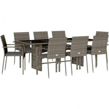 9-Piece Grey Poly Rattan Garden Dining Set with Cushions