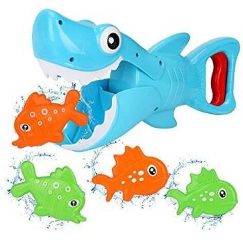 Bammax Juguetes Bañera, 5 pcs Peces Marinos Juguetes de Baño Bebe, Plastico Juego de Ducha Bebe, Juego de Pesca Piscina Niños, Incluye un Tiburón Blanco Capturador y 4 Peces Pequeños